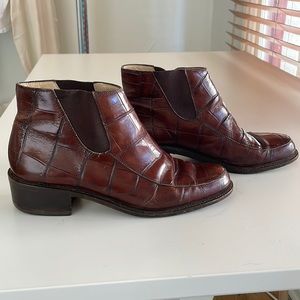 Joan and David Couture cognac brown alligator Chelsea booties